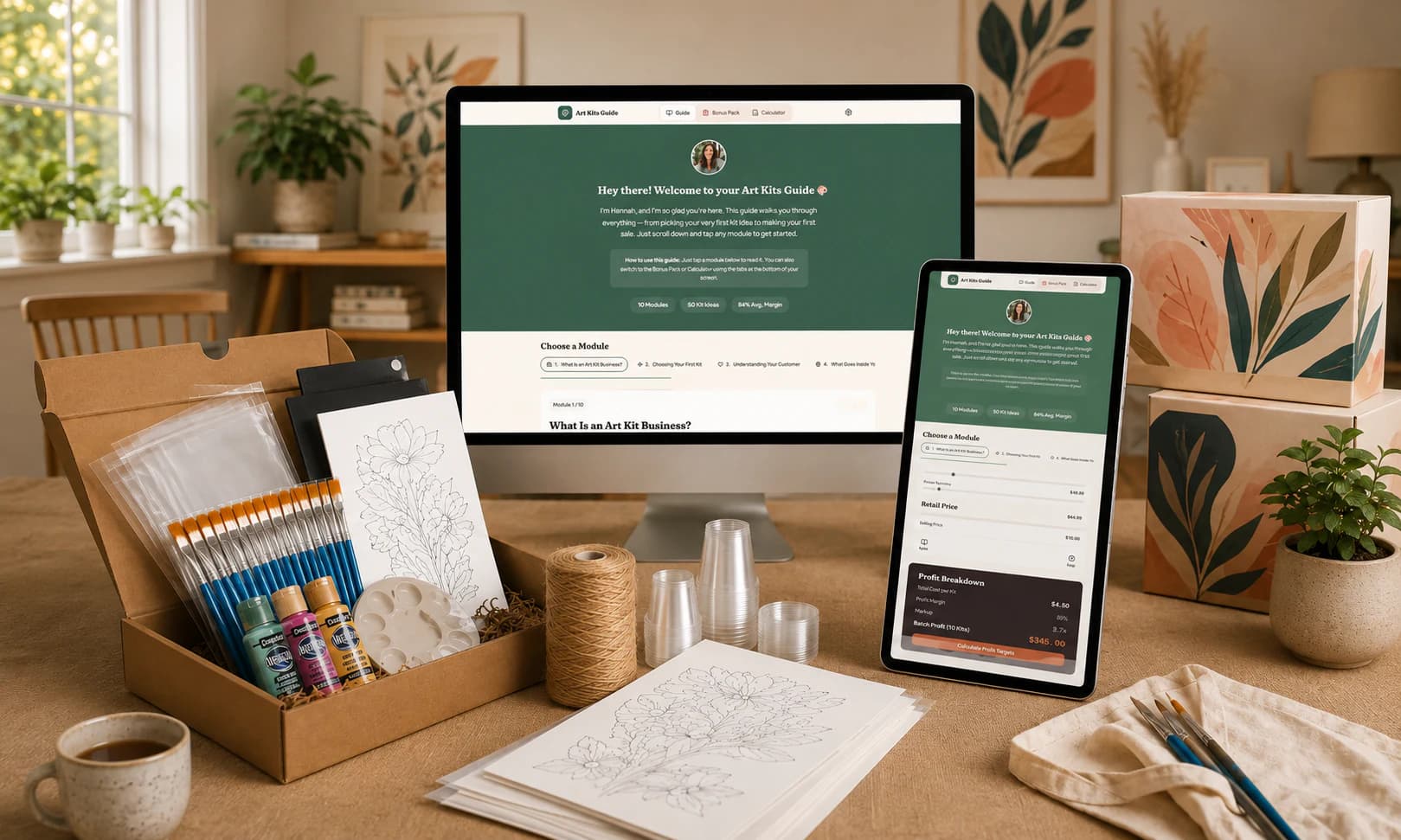 The Money Making Art Kits Guide displayed on desktop and tablet alongside painting supplies and packaged Art Kits