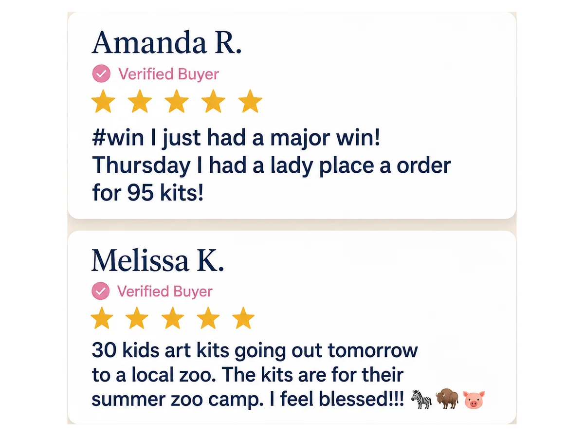 Amanda shares a verified order for 95 Art Kits, and Melissa shares an order for a local zoo camp.