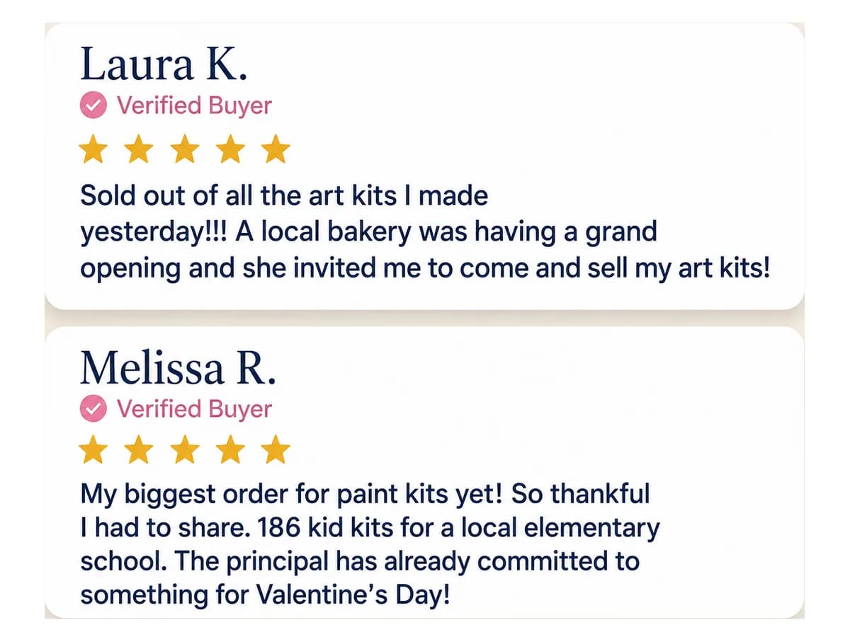 Laura and Melissa share verified sold-out Art Kit and school order results.